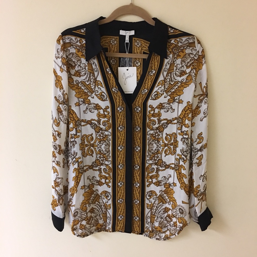 NWT Joie silk blouse. Gold, black, white. Small.